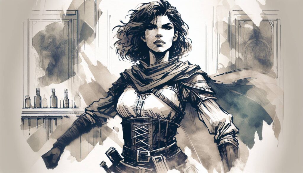 A warrior with short, wavy hair stands confidently in a detailed comic-style illustration, embodying a perfect D&D multiclass. Clad in a cape, corset, and utility belt, light and shadow interplay highlights stained glass and bottles in the background.