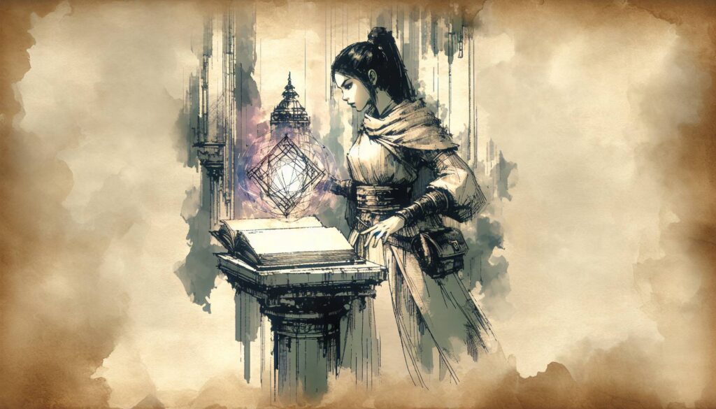 A person stands in front of an open book on a pedestal, surrounded by an ornate background with mystical elements. They appear focused, with a glowing geometric shape hovering nearby—a scene reminiscent of discovering artifacts from a D&D adventuring party, all in vintage fantasy art style.