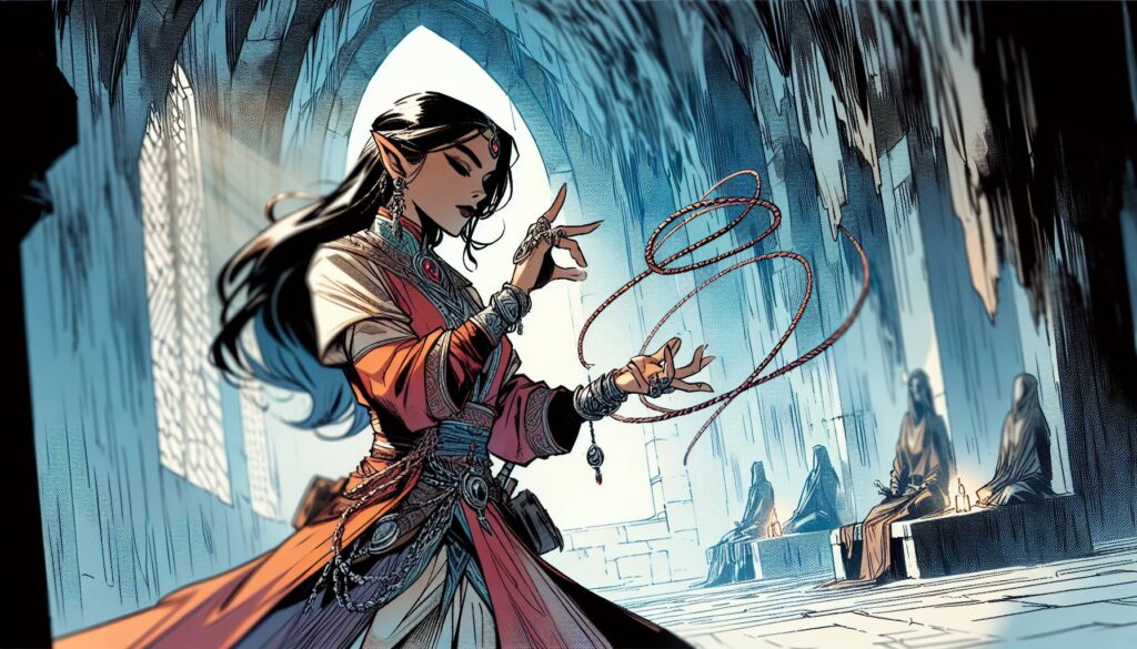 In an underrated RPG world, a woman with elf-like ears in a medieval setting casts a magical spell from her ancient spellbook. She wears a detailed robe and ornate accessories as magical energy swirls around her fingers, set against an arched stone structure with cloaked figures seated nearby.