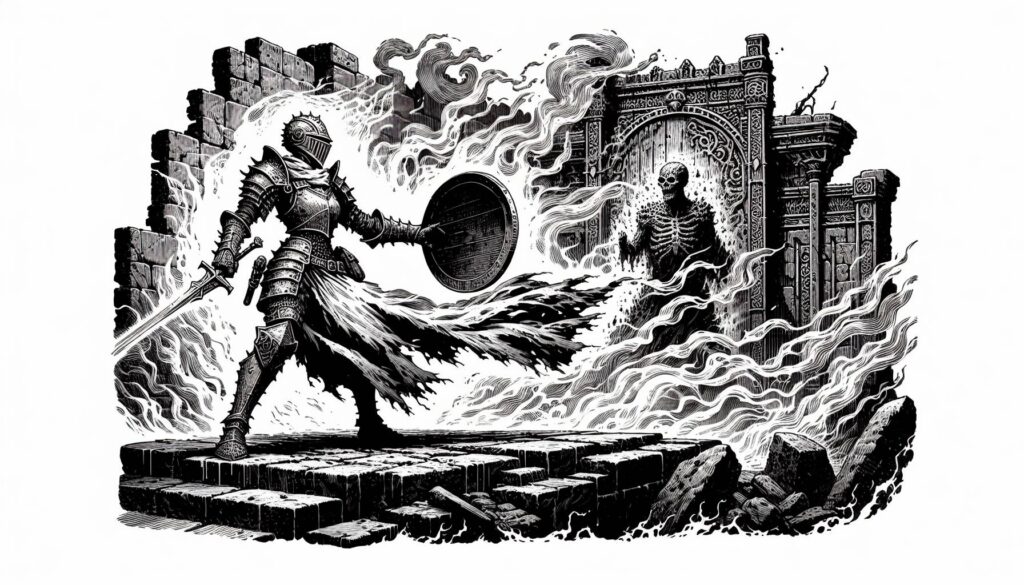 A knight in armor, wielding a sword and shield, faces a skeletal figure emerging from a flaming portal. The scene resembles an epic boss fight from Dungeons & Dragons, set on a crumbling stone platform engulfed in swirling flames and smoke, crafting a dramatic fantasy atmosphere.