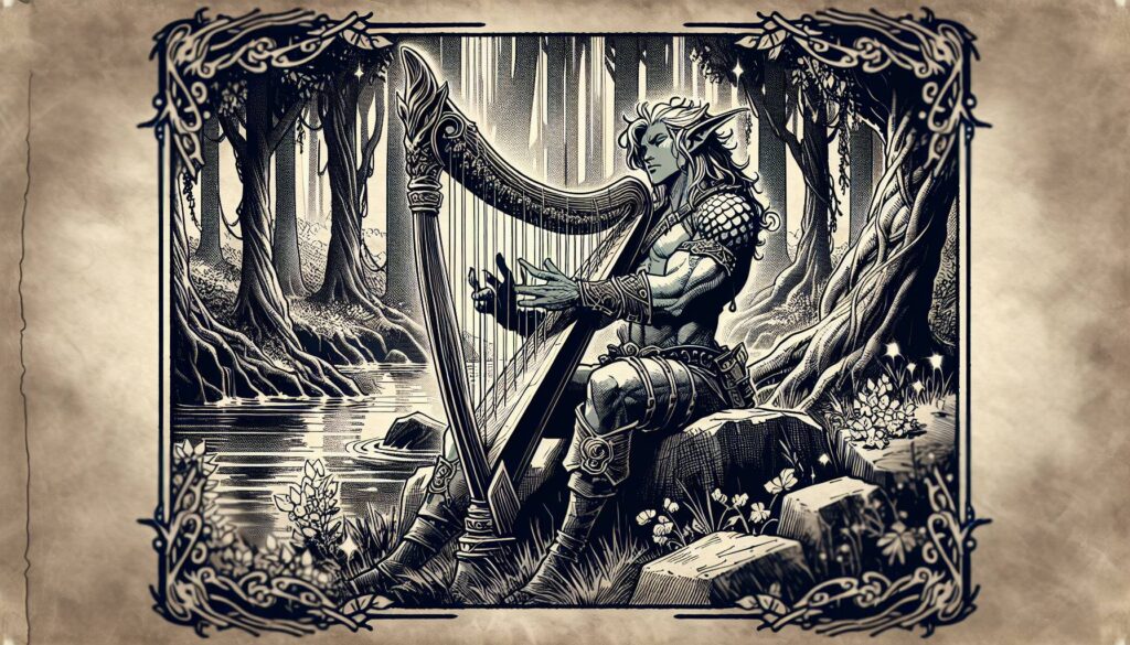 A fantasy illustration captures an elf, reminiscent of a DND 5e background character, playing a harp by a serene forest stream. The elf, with pointed ears and armor, sits on a rock surrounded by trees and flowers. Intricate decorative borders enrich the artworks enchanting scene.