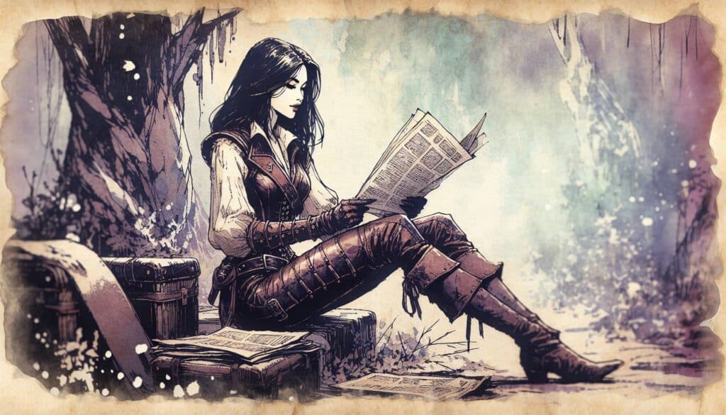 A woman in medieval-style clothing sits reading a newspaper outside in a wooded area, resembling a character build from a D&D multiclass. She wears a leather vest and boots, her long dark hair flowing. Various trunks and papers are scattered around, set against a faded, artistic background.