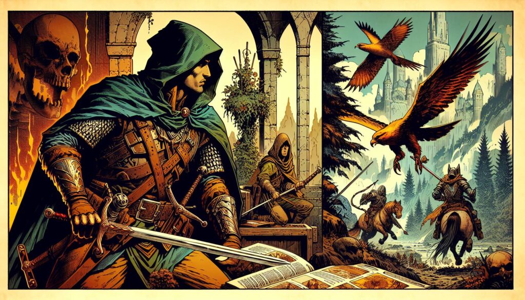 A fantasy scene unfolds with a hooded warrior in armor, sword in hand, amidst a ruined structure. Others, clad in medieval attire with bows ready, echo tales of the Great One from DND 5e Backgrounds. A castle looms beyond as birds and horseback riders add to the adventurous atmosphere.