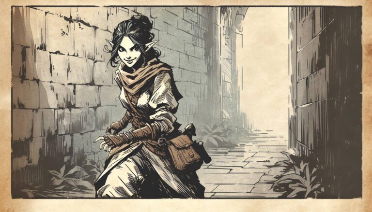 A fantasy-style illustration captures a mischievous elf rogue expertly utilizing stealth mechanics as they sneak down a stone alley. The character, with pointed ears, a sly grin, leather armor, and a satchel, navigates this medieval setting akin to a scene straight from Dungeons & Dragons.