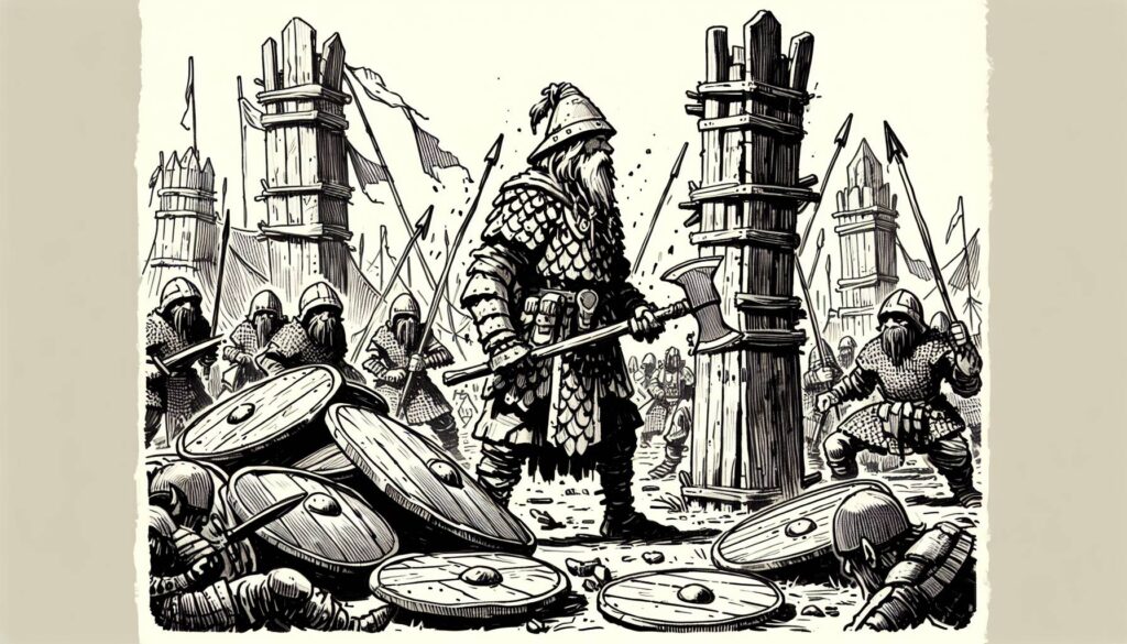 In a scene reminiscent of Dungeons & Dragons, a central warrior clad in scale armor wields an axe amid scattered shields. Soldiers wearing helmets clutch their spears, framed by wooden fortifications and banners, ready to act first and win often in this medieval battlefield illustration.