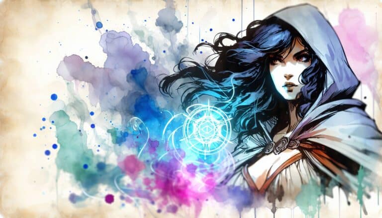 A mystical illustration of a woman with flowing black hair and a hooded cloak, holding a glowing blue and pink magical symbol, suggests intriguing character builds. The watercolor background in shades of blue, purple, and pink evokes endless D&D multiclass ideas.