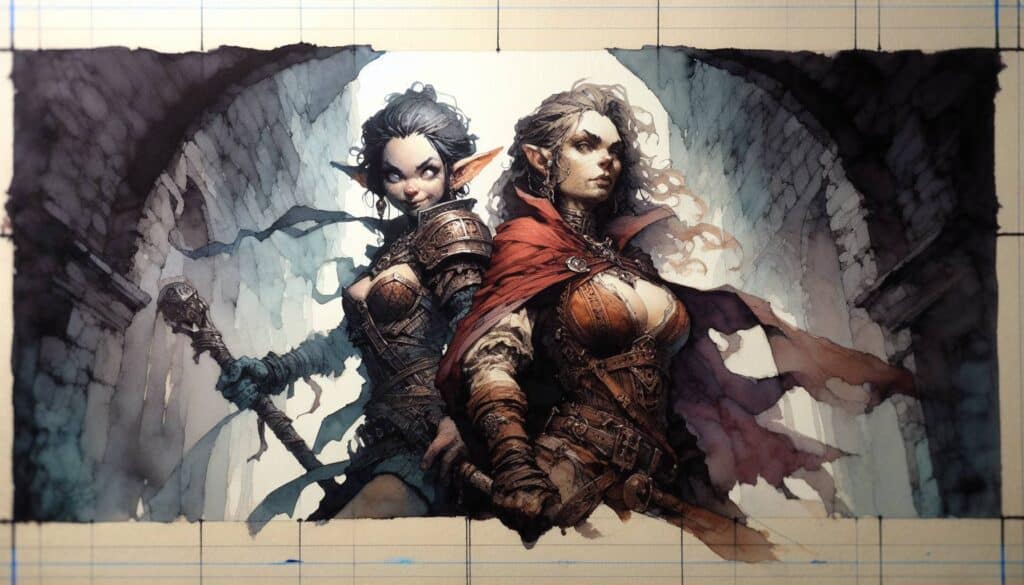 Two fantasy elf warriors, embodying the essence of lawful vs. chaotic characters, stand back-to-back in an archway. One wields a staff, clad in armor; the other sports a red cape and armor. With pointed ears and fierce expressions, they evoke a mystical atmosphere perfect for roleplaying adventures.