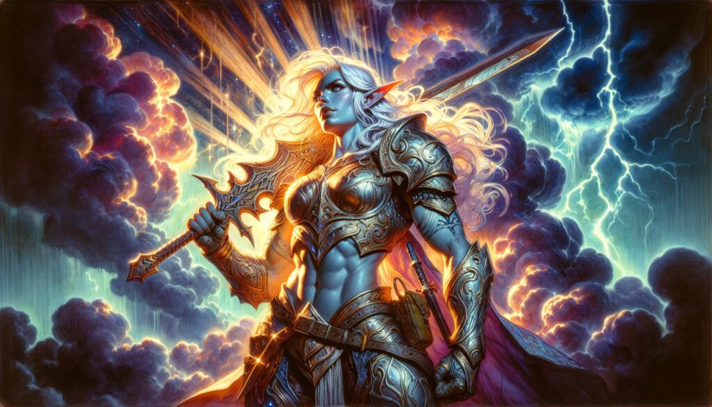 A powerful fantasy warrior with long, flowing hair stands against a dramatic sky filled with lightning and clouds. They hold a large sword and wear detailed, ornate armor known for its unmatched durability. Bright light emanates from behind, highlighting their dynamic fighter build.