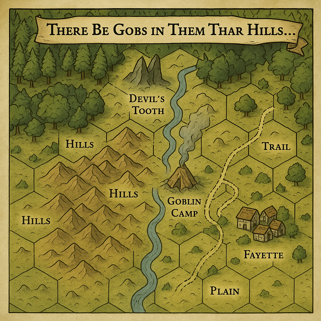 Hexagonal map titled There Be Gobs in Them Thar Hills... perfect for your TTRPG update! Discover a forest, Devils Tooth mountain, hills, a river, Goblin Camp, and the village of Fayette. With varied terrain leading into 2024-2025 adventures, this is an ideal backdrop for One DND campaigns.