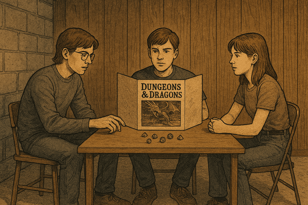 Three people sit around a table, immersed in the niche game of Dungeons & Dragons. The game master, behind a screen bearing the iconic D&D logo, guides the adventure while the other two players, a man and woman, eagerly strategize next to scattered dice on the wooden surface.