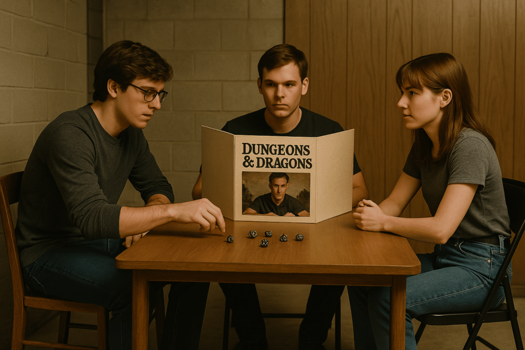 Three people sit around a table immersed in a niche game of Dungeons & Dragons. One person serves as the Dungeon Master, holding a game screen with dice in front. The other two players, often seen as the weird kids, are deeply focused on the game in a simple room with minimal decor.