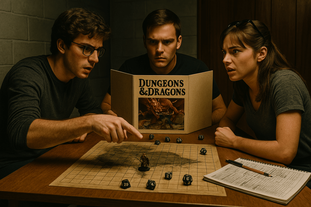 Three weird kids are focused intently on a niche Dungeons & Dragons game. One gestures at the board with dice and a small figurine, while a notebook sits nearby. The backdrop is a simple room.