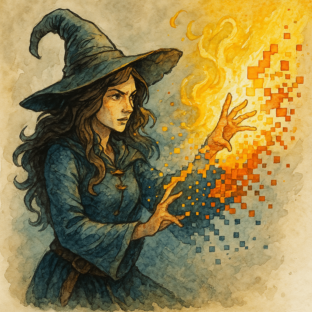 A witch in a tall hat casts a spell, with fiery pixels emanating from her hand. The image has a watercolor style, blending shades of blue, orange, and yellow, reminiscent of D&D magic or RPG media, creating a digital transformation effect.