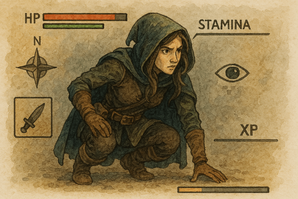 A person in a green hooded cloak crouches, exuding the focused intensity of an RPG hero. Game interface elements reveal HP, stamina, XP bars, a dagger icon, and a compass. The scene has the immersive charm of watercolor painting reminiscent of classic video games.
