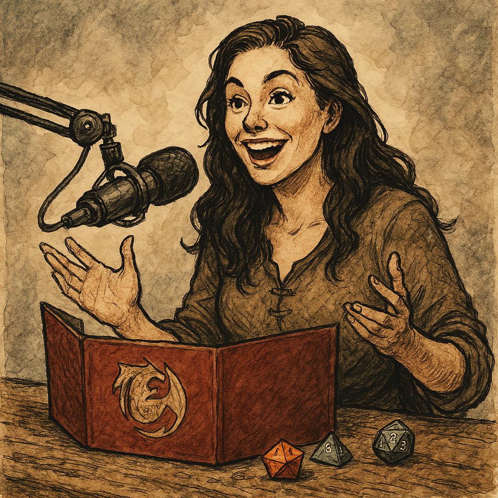 A woman with long dark hair enthusiastically talks into a microphone, streaming an Actual Play session. She sits at a table with a red screen featuring a dragon and three colorful dice. The drawing style is textured and sepia-toned.
