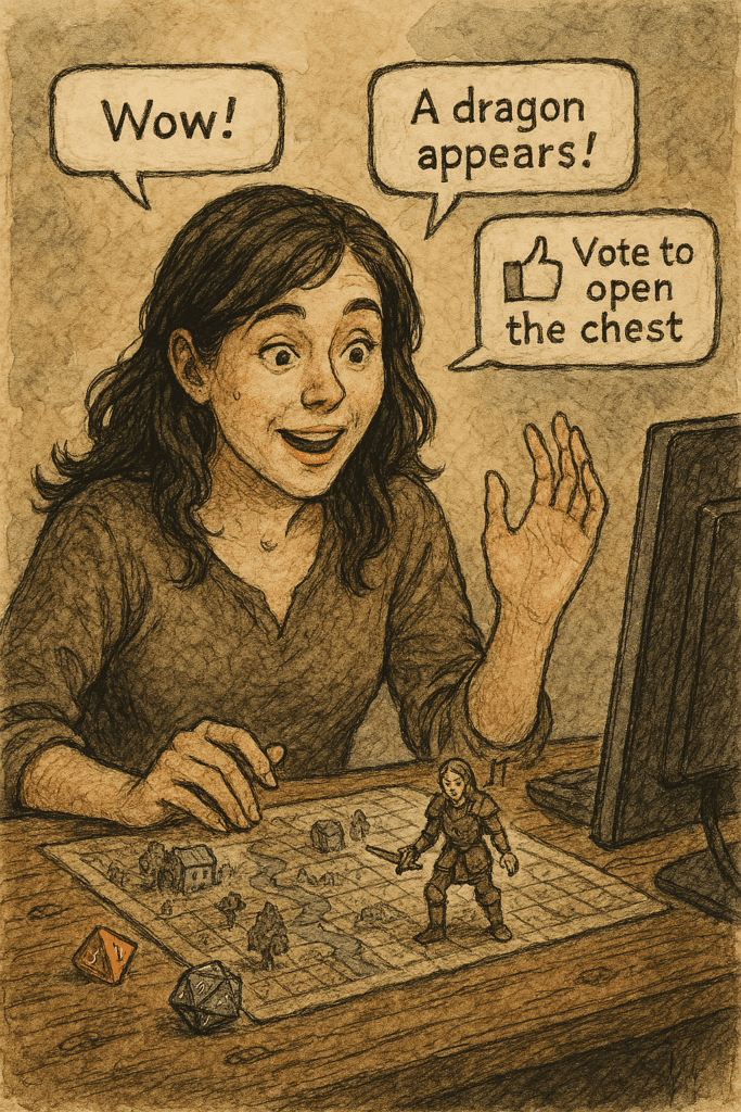 A woman excitedly plays a tabletop RPG on Twitch. She gestures towards a game board with a figurine, exclaiming Wow! and A dragon appears! as viewers vote to open the chest on her computer screen. Dice are scattered across the table in this lively actual play session.