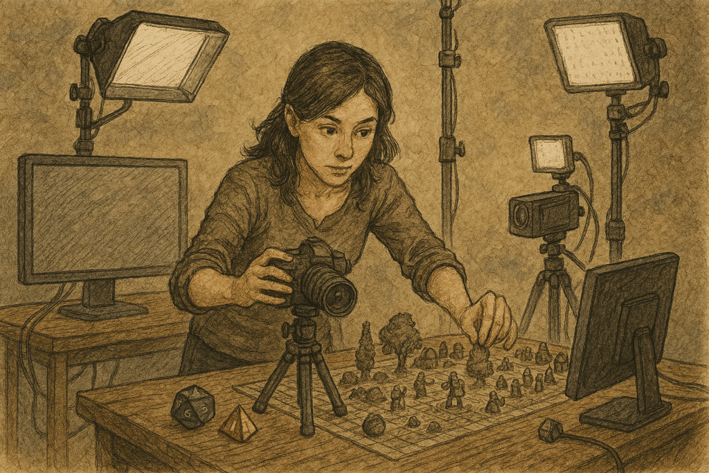 A person sets up a camera to capture an Actual Play session on a tabletop game board with various figurines. Theyre surrounded by screens and lights, crafting a creative workspace ambiance perfect for streaming live on Twitch.