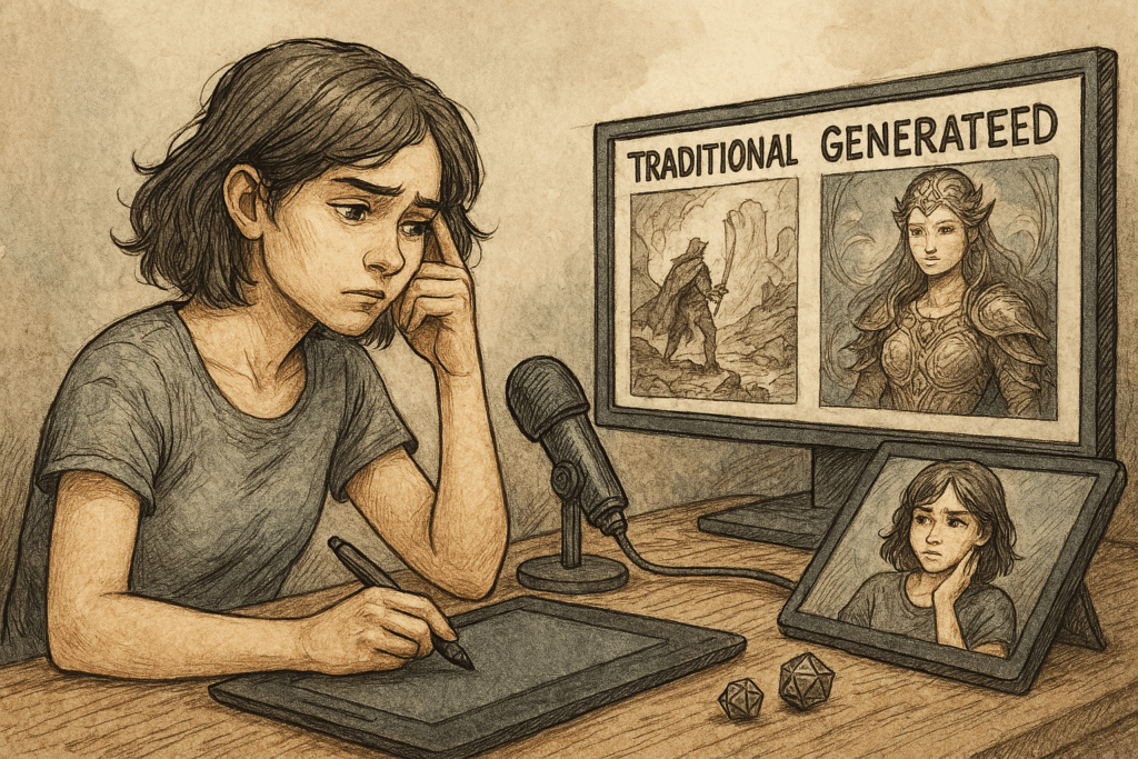 A person with shoulder-length hair sits at a desk, looking confused while using a drawing tablet. The screen displays Traditional and AI-Generated Art, sparking an intense community debate. Nearby, a microphone and dice sit next to a tablet mirroring the image onscreen.