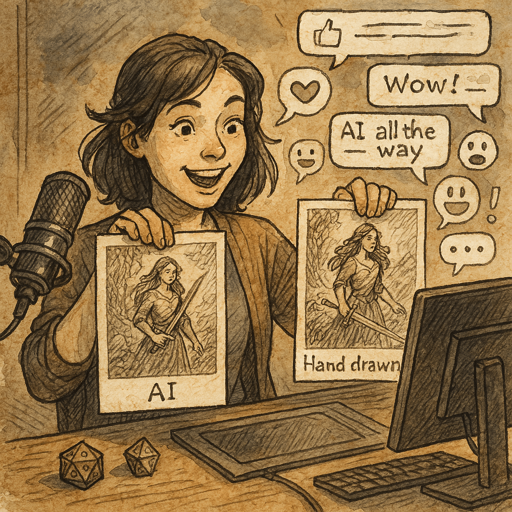 A person at a desk holds two images labeled AI and Hand drawn, both depicting a woman with a sword. Theyre smiling with speech bubbles saying Wow! and AI-Generated Art all the way around them, reflecting a lively community debate. A microphone and dice are on the desk, hinting at gaming creativity.
