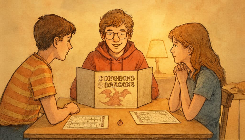 Three children, often seen as the weird kids, sit around a table playing Dungeons & Dragons. The child in the center, wearing glasses and a red hoodie, commands their attention as Dungeon Master. Sheets and dice are spread out in front of them with a lamp softly lighting this niche game scene.
