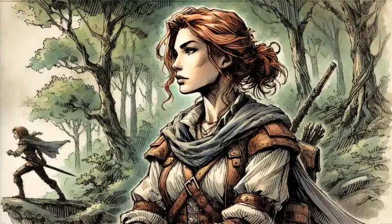 Illustration of a determined woman with red hair and adventurous attire, in a lush forest setting typical of a thrilling Dungeons and Dragons campaign. Clad in a cloak with a quiver of arrows, she embodies alignment-based roleplaying. Another figure runs in the background, bow drawn and ready.