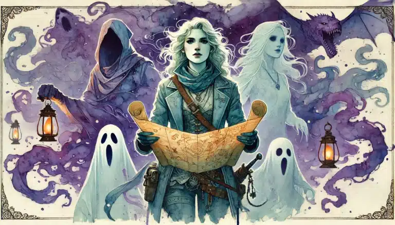 Amidst a fantasy scene, a person clutches a haunted map, surrounded by unhelpful ghosts and two floating lanterns. A hooded figure, dragon, and spectral faces emerge from swirling purple mist in the background. The mysterious atmosphere feels plucked from an epic D&D campaign.