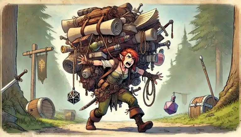 A cartoon adventurer, much like a D&D inventory come to life, staggers along a forest path. Their enormous backpack, overflowing with camping gear and trinkets, mirrors the chaotic charm of an unstreamlined journey. Trees and wooden signs mark their winding route.