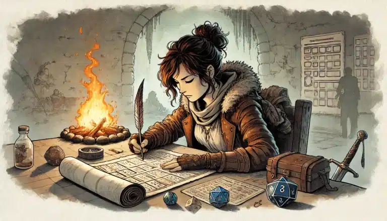 A young woman with messy brown hair writes on a scroll with a quill at a wooden table, next to a fire pit. Dice, a sword, and D&D sheets covered in character status details are scattered around. A figure is seen in the background, and game charts adorn the walls.