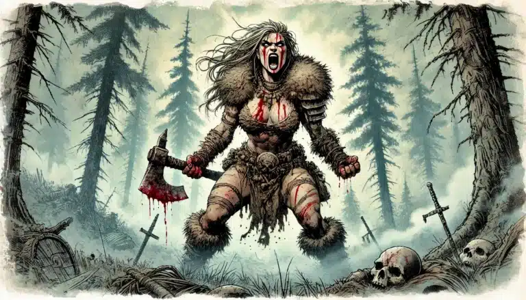 In a foggy forest, a fierce warrior clad in fur armor unleashes the Barbarians Rage, wild hair flowing as he wields a bloody axe. Skulls and abandoned swords clutter the ground, their damage output evident amid towering trees that heighten the intensity of this dramatic scene.