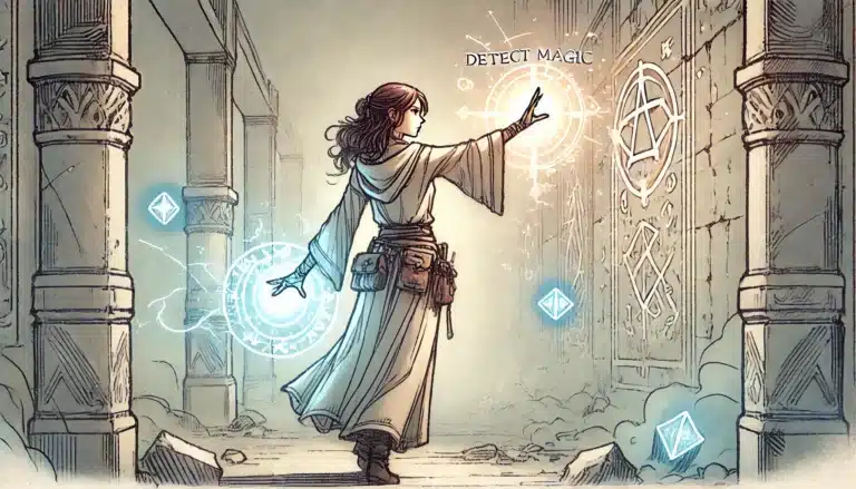 Amid ancient ruins, a robed figure stands surrounded by glowing magical symbols. Extending a hand towards an etched wall, they cast Detect Magic, one of the underrated D&D spells. Mystical light transforms the gameplay and illuminates the stone columns around them.