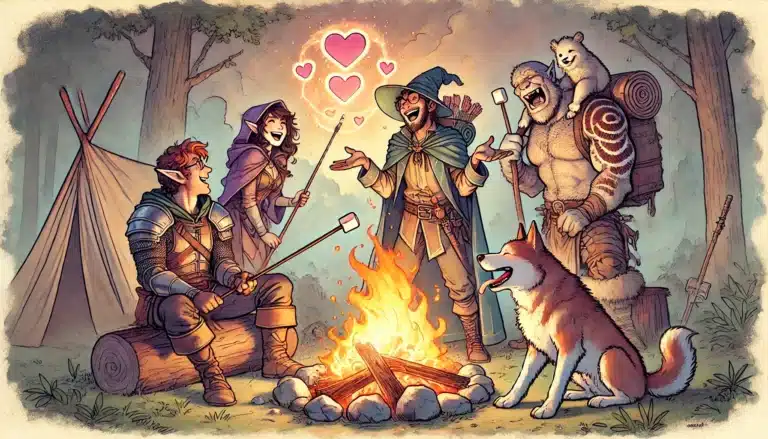 A diverse group of fantasy characters, including an elf, a mage, a warrior, and a rogue, joyfully roast marshmallows around a campfire. Hearts float above as if from romantic storylines in tabletop RPG sessions. A dog and white ferret join the cheerful scene in a forest clearing with a tent.