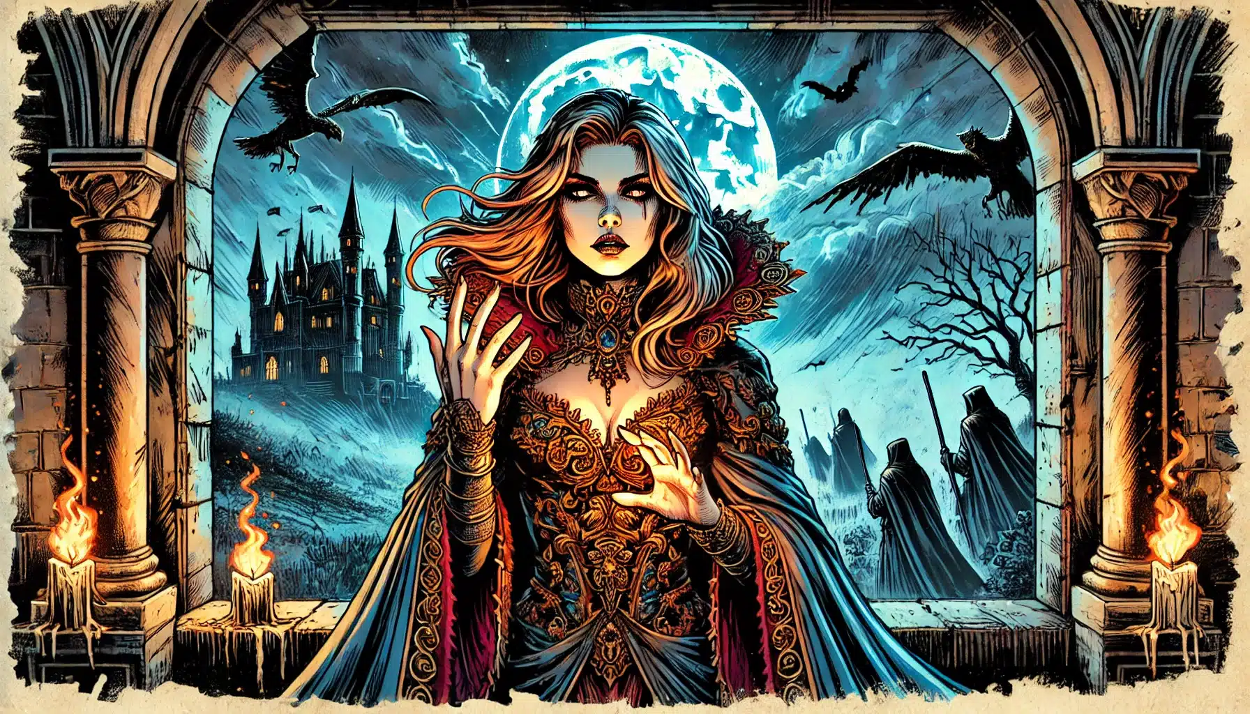 A woman in elaborate gothic attire stands in a stone archway, with long flowing hair and a moonlit castle in the background. Bats fly around as cloaked figures approach, like characters from a fantasy tabletop RPG. Candle flames flicker in the foreground, casting an eerie glow.