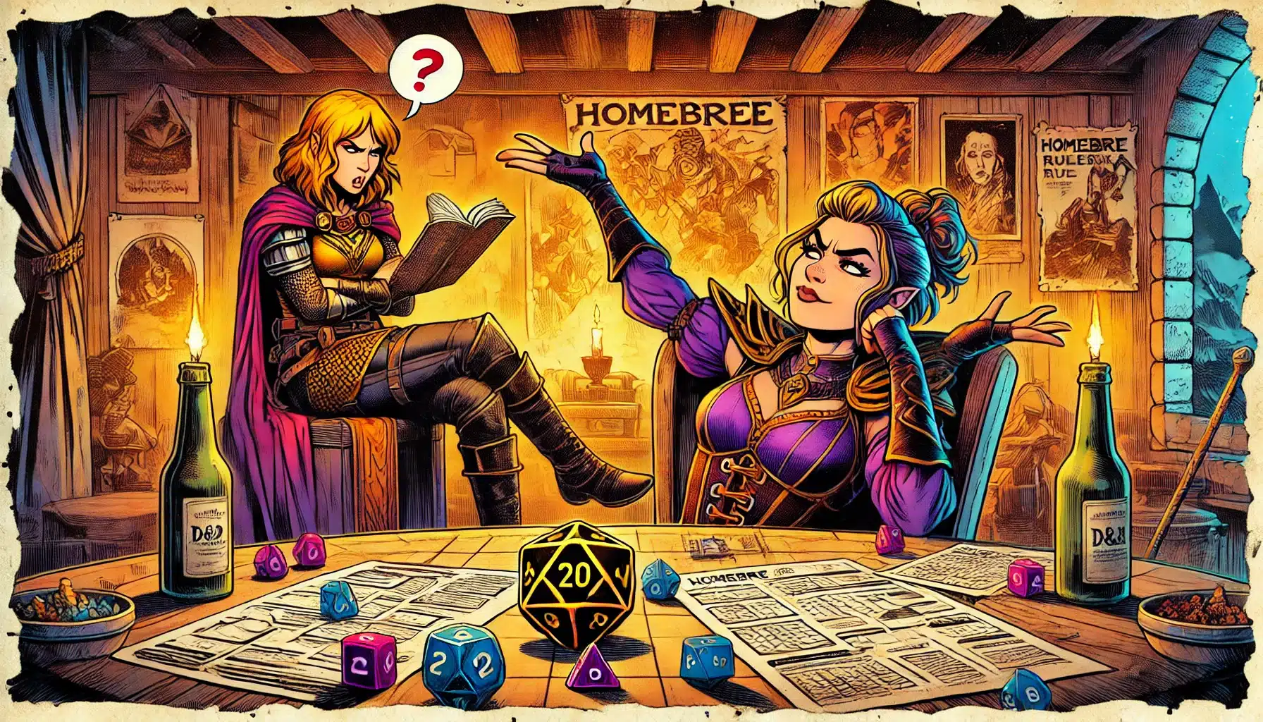 Illustration of two women at a table with D&D and Pathfinder RPG materials. One woman gestures excitedly while the other ponders a fantasy book. Posters and a lamp are in the background, with a 20-sided die central and drinks nearby.