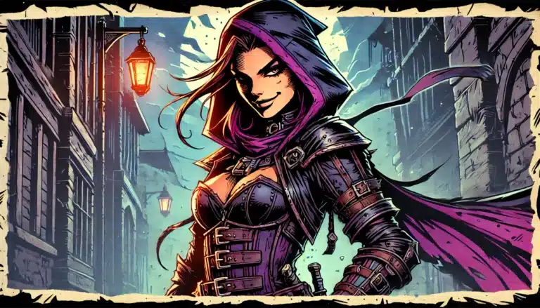 Illustration of a confident, hooded female character in a medieval-style outfit, standing on a dimly lit street with old-fashioned lamps. She wears a purple cape and leather armor, embodying the mystery and strength of a DND rogue with her sly smile.