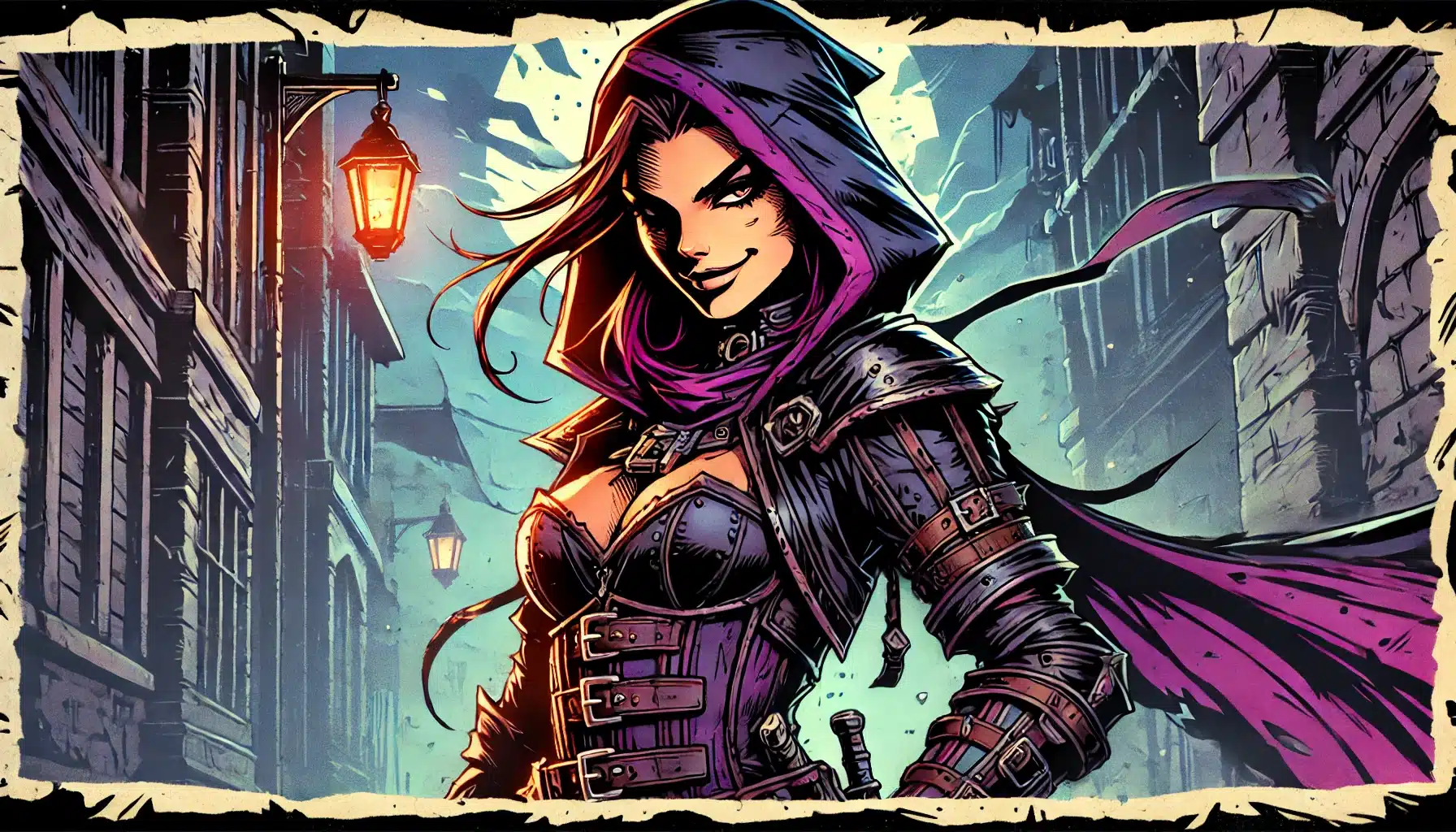 Illustration of a confident, hooded female character in a medieval-style outfit, standing on a dimly lit street with old-fashioned lamps. She wears a purple cape and leather armor, embodying the mystery and strength of a DND rogue with her sly smile.