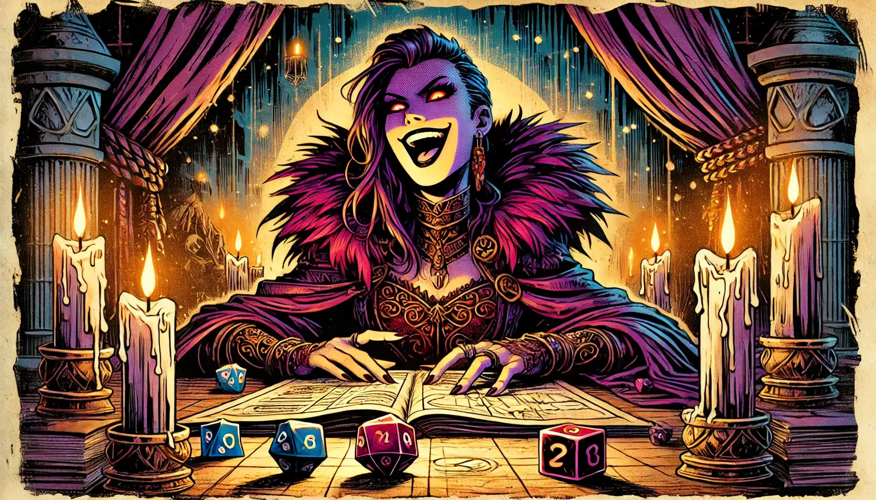 A person with a wide smile reads a book at a candlelit table adorned with RPG dice, immersed in the world of Dungeons & Dragons. They wear a detailed, vibrant outfit with a feathered collar. The scene has an enchanting, mystical atmosphere with a glowing full moon in the background.