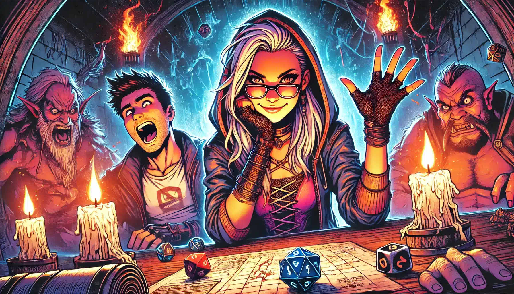 Illustration of a tabletop RPG scene. A person in a hoodie and glasses smiles at the viewer, surrounded by dice, a map, and candles. An excited man with glowing eyes and a fantasy creature appear in the background through a fiery archway, reminiscent of an epic DND adventure.
