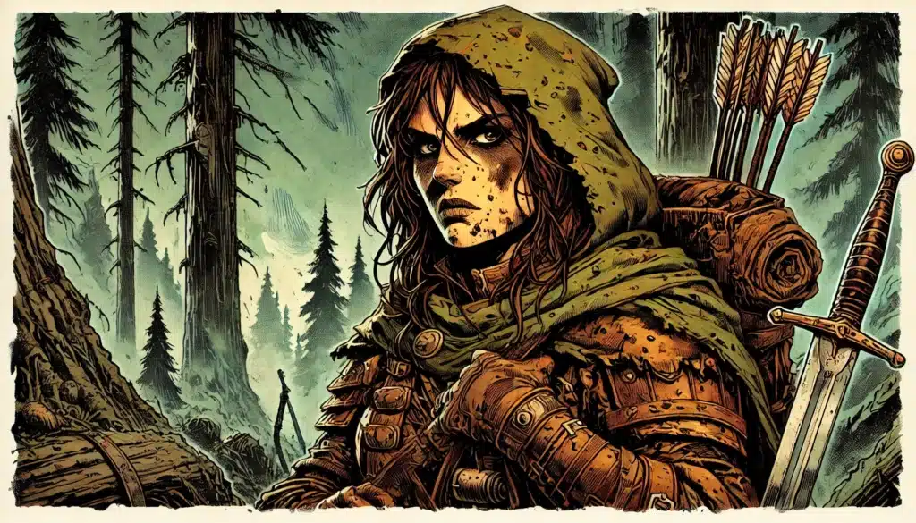 An intense, rugged archer with long hair and a green hood stands in a dense, dark forest. Equipped with a quiver of arrows, bow, and sword, she embodies the adventurous spirit of a Pathfinder RPG hero in this mysterious fantasy setting with towering trees in the background.