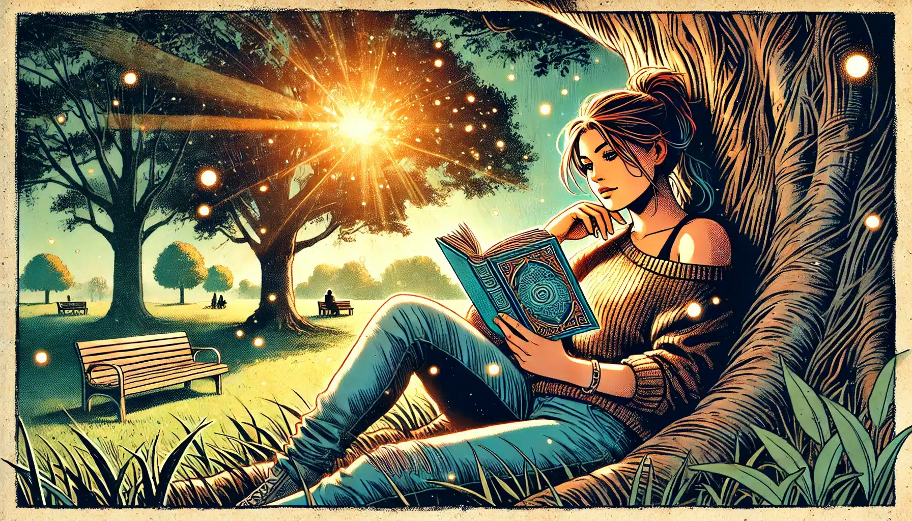 A woman with a bun reads a book under a tree during sunset, wearing a sweater and jeans. Surrounded by glowing fireflies, she imagines herself in a tabletop RPG adventure. The background reveals an orange sun, more trees, and distant benches, painting the perfect setting for her DND dreams.