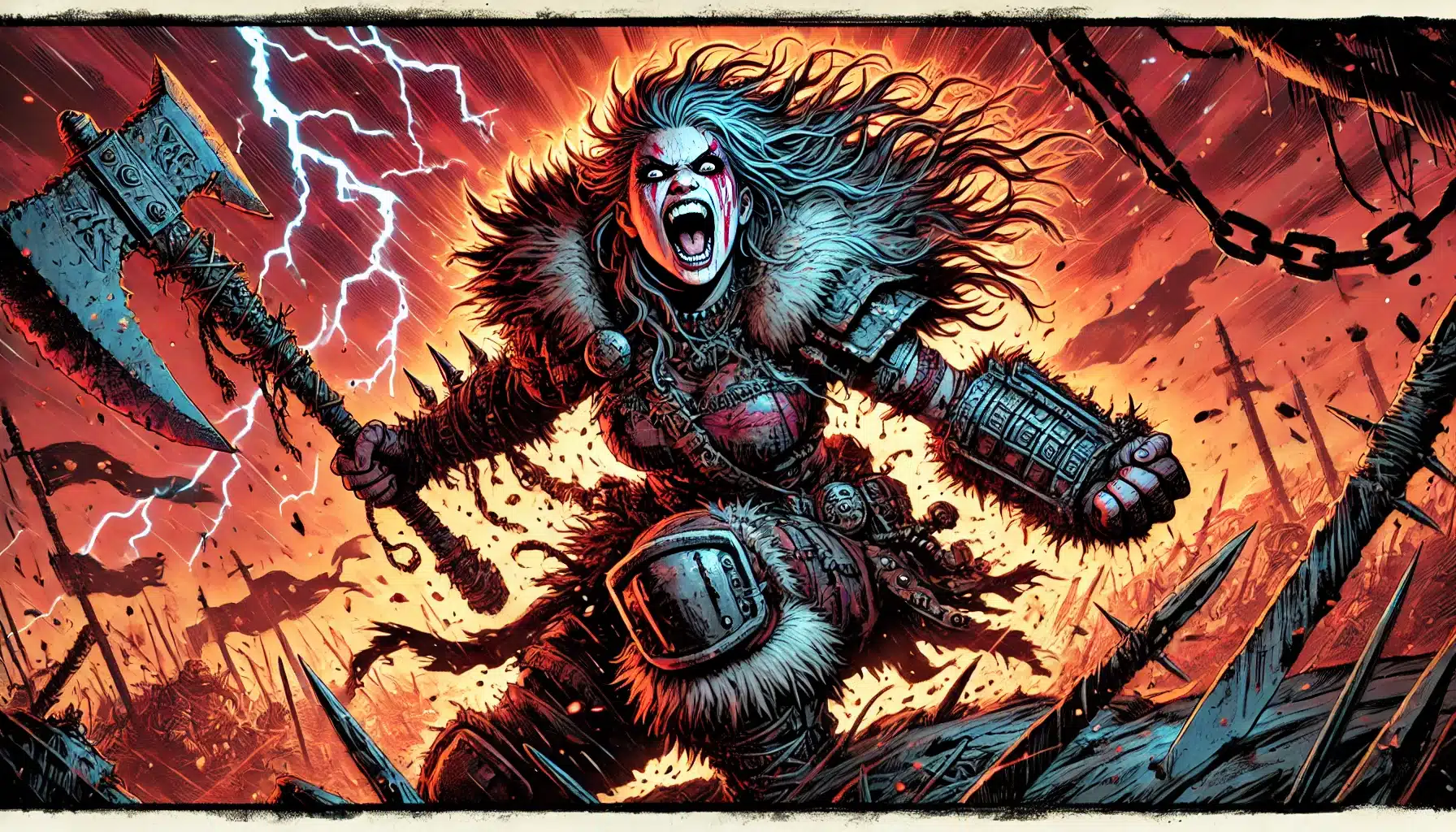 Amid a fiery, chaotic battlefield stands a fierce warrior, reminiscent of a Dungeons & Dragons hero. Her wild hair and fur-trimmed outfit have become iconic in the realm of ttrpg tales. Holding a large, spiked hammer, she roars with intensity as lightning illuminates the smoke-filled sky.