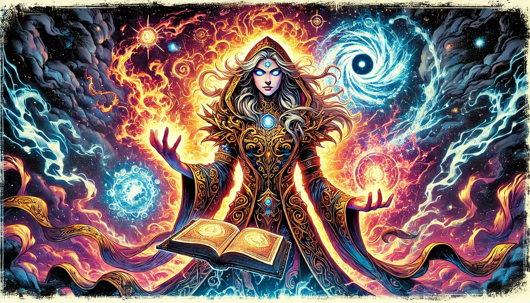 A mystical figure in ornate robes stands with outstretched hands, surrounded by swirling cosmic elements. A glowing book floats open before them, reminiscent of a Dungeons & Dragons spellbook, while vibrant energy patterns and celestial bodies create a magical, otherworldly backdrop.
