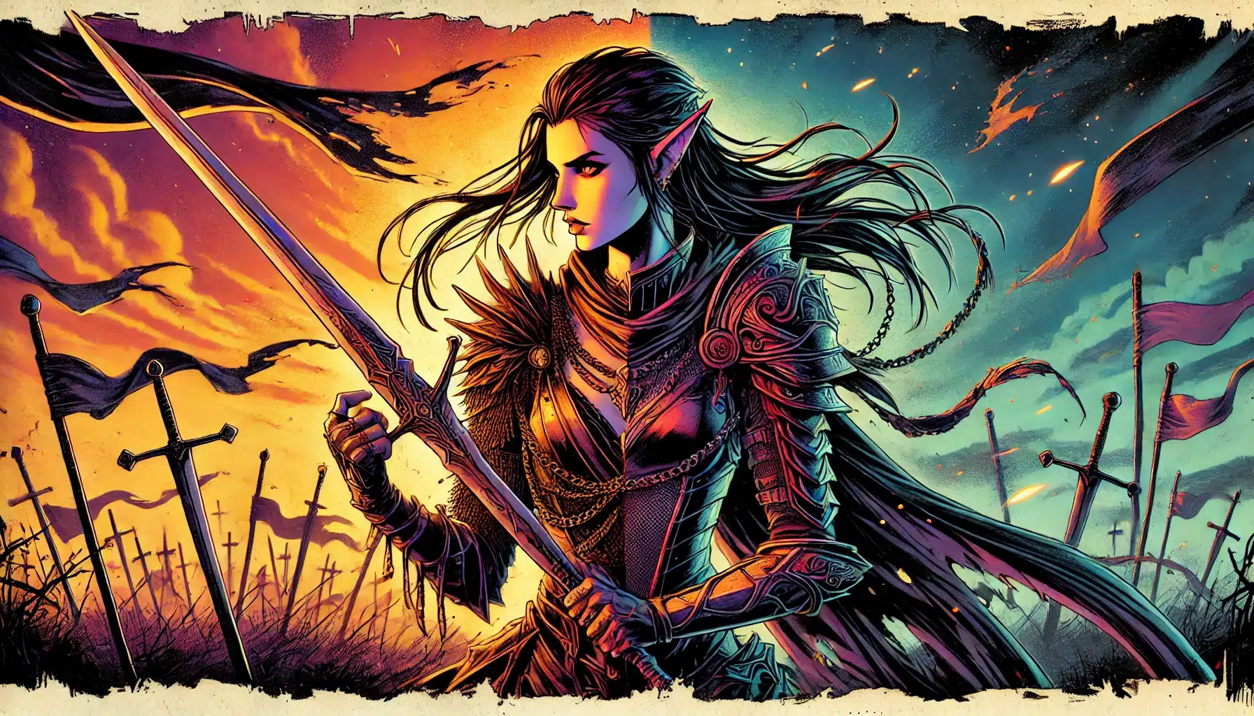 Fantasy illustration of an elf warrior wielding a sword, reminiscent of Dungeons & Dragons lore. Shes clad in ornate armor, standing between contrasting landscapes: a fiery sunset on one side and a cool, starry night on the other. Black banners wave dramatically behind her.