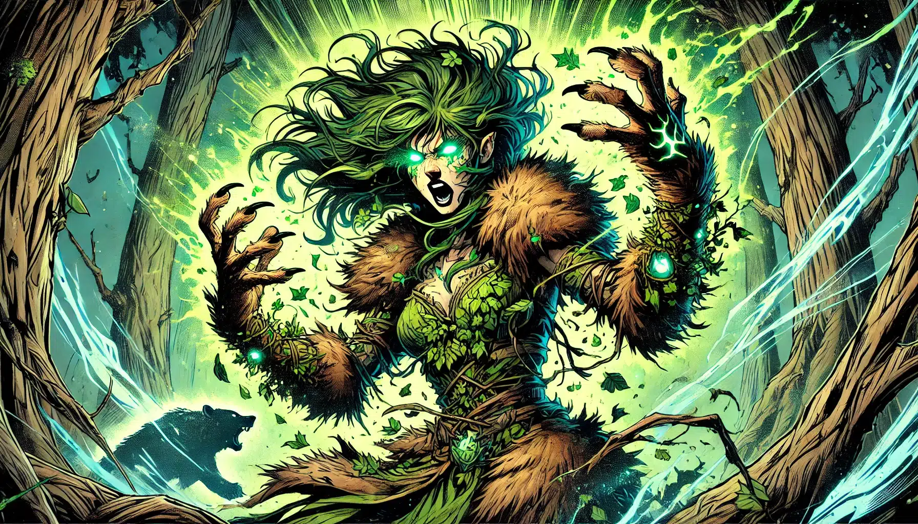 A mystical figure with glowing green eyes and swirling green hair raises hands, surrounded by a luminous aura. Wearing a fur-trimmed, leaf-patterned outfit, they stand in a fantasy forest with a bear in the background. This vibrant scene feels like a dream from the Pathfinder RPG.