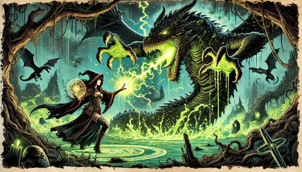 In a dramatic fantasy scene reminiscent of a DND campaign, a hooded sorcerer casts a powerful spell at a massive, snarling dragon emitting glowing green flames. The background features dark skies, flying dragons, and a mystical, swamp-like landscape.