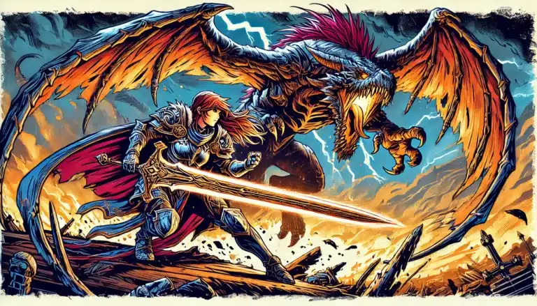 A warrior in ornate armor, wielding a glowing sword, battles a fierce winged beast amidst a Dungeons & Dragons fantasy realm. Fiery eyes and sharp talons clash under dramatic lightning and stormy skies, echoing the thrill of a tabletop RPG adventure.