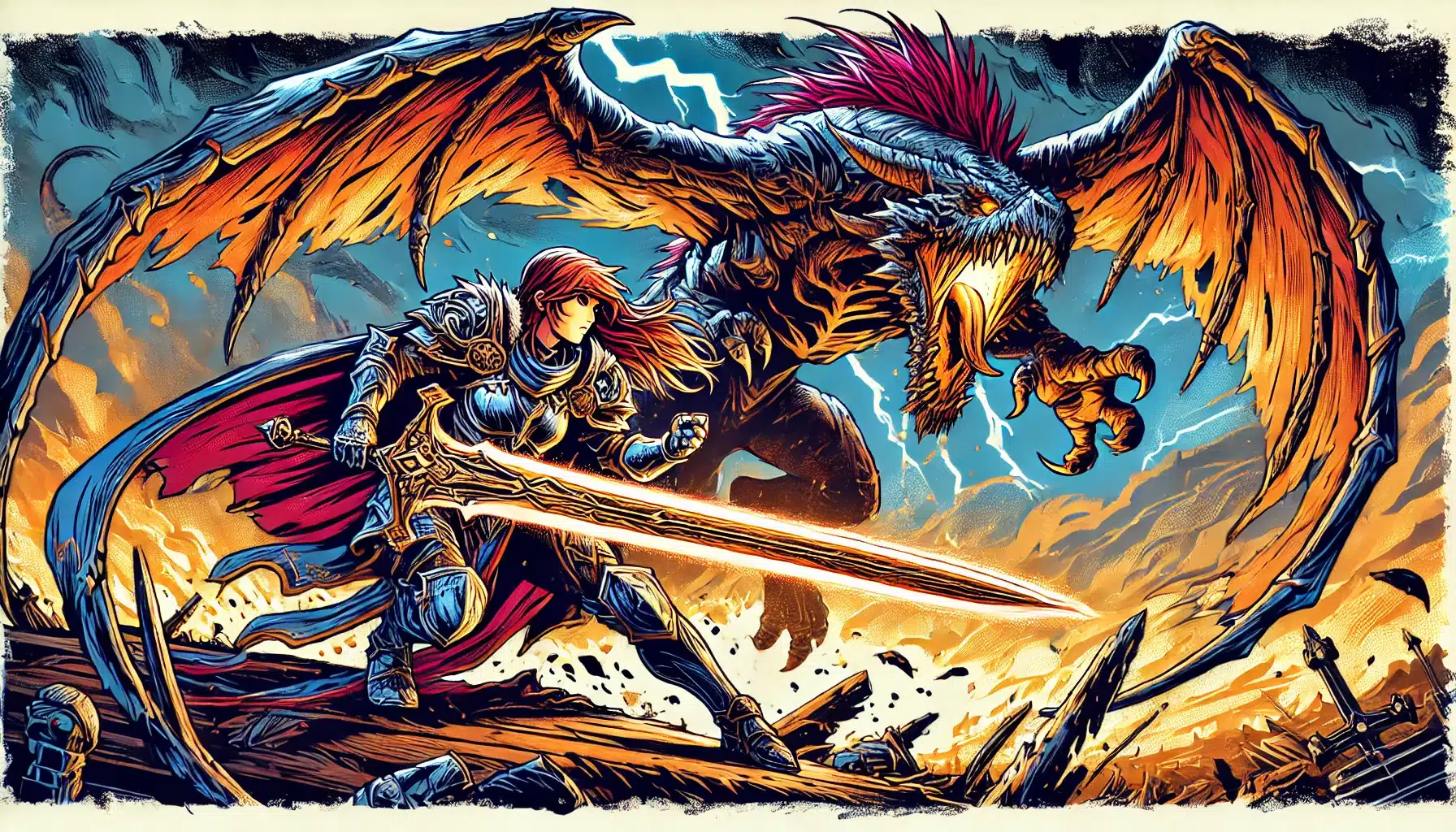 A warrior in ornate armor, wielding a glowing sword, battles a fierce winged beast amidst a Dungeons & Dragons fantasy realm. Fiery eyes and sharp talons clash under dramatic lightning and stormy skies, echoing the thrill of a tabletop RPG adventure.