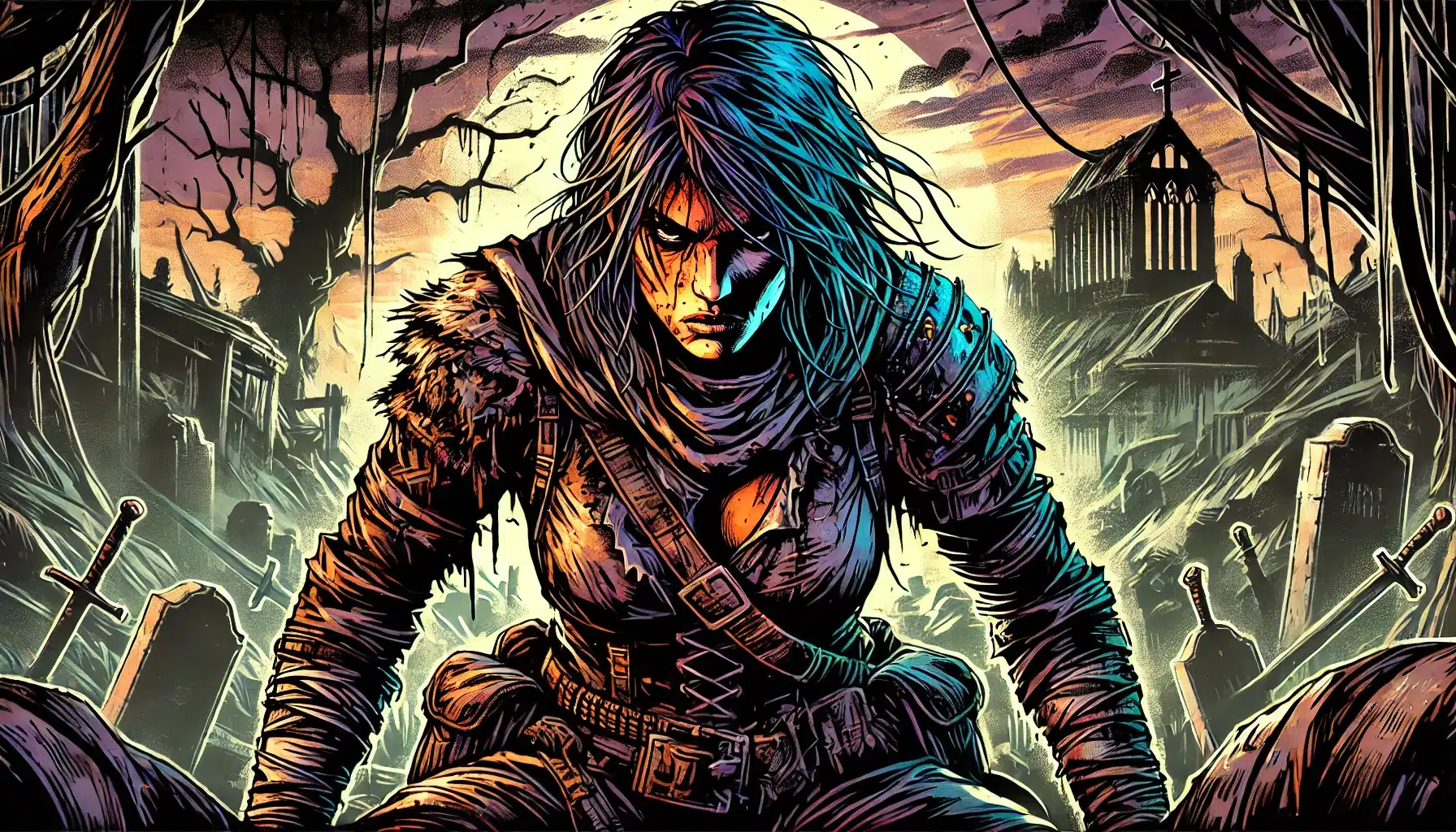 A fierce warrior in rugged armor crouches with determination in a post-apocalyptic landscape, reminiscent of a Pathfinder RPG setting. Her blue-tinted hair contrasts against the dark, ruined surroundings, while a church steeple and stormy sky enhance the dramatic atmosphere.