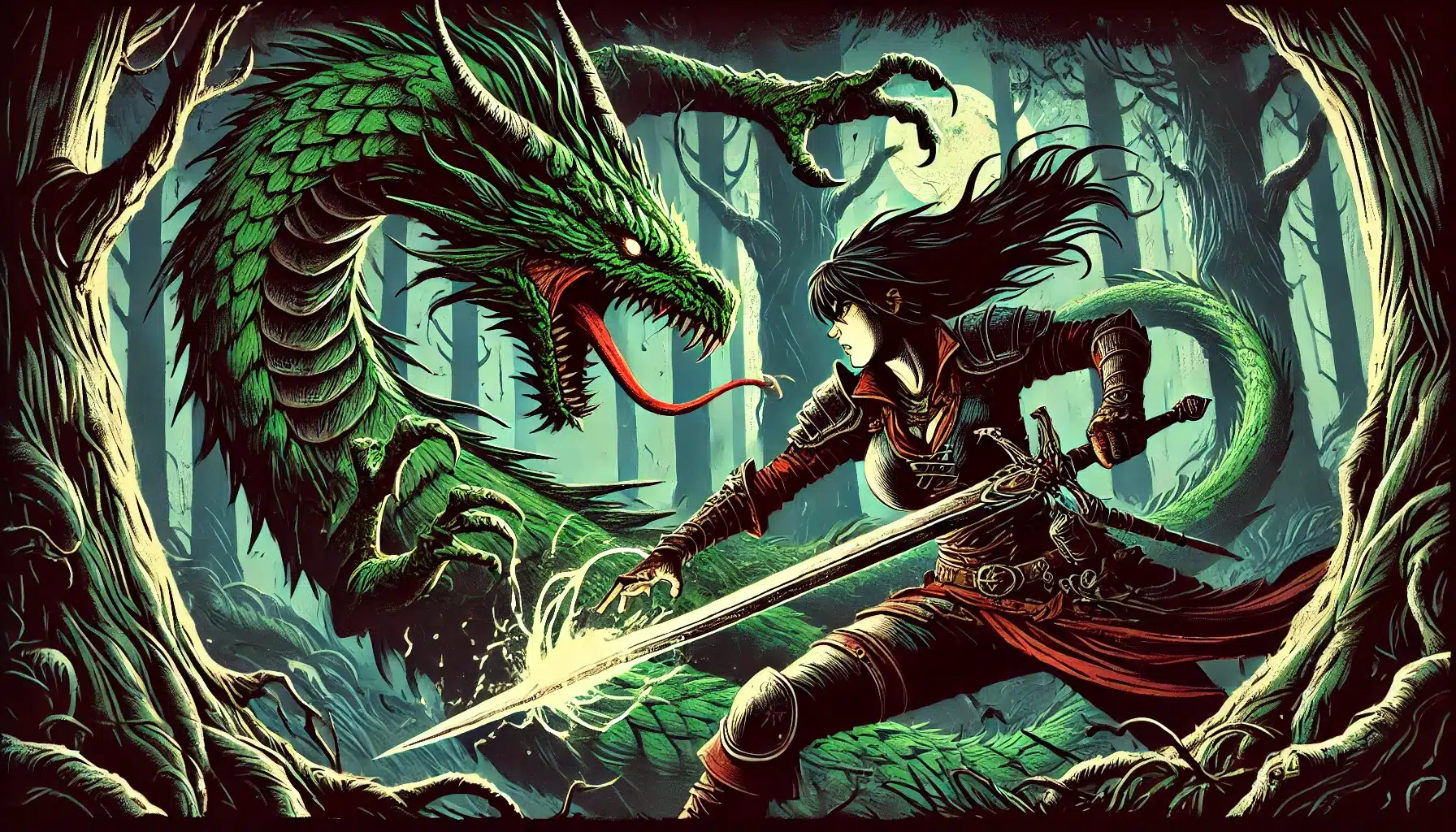 In a moonlit forest, an armored warrior with a red cloak and sword faces off against a green dragon with red eyes. This intense, dramatic scene could be straight from a tabletop RPG, capturing the thrilling clash between human and beast in true DND fashion.
