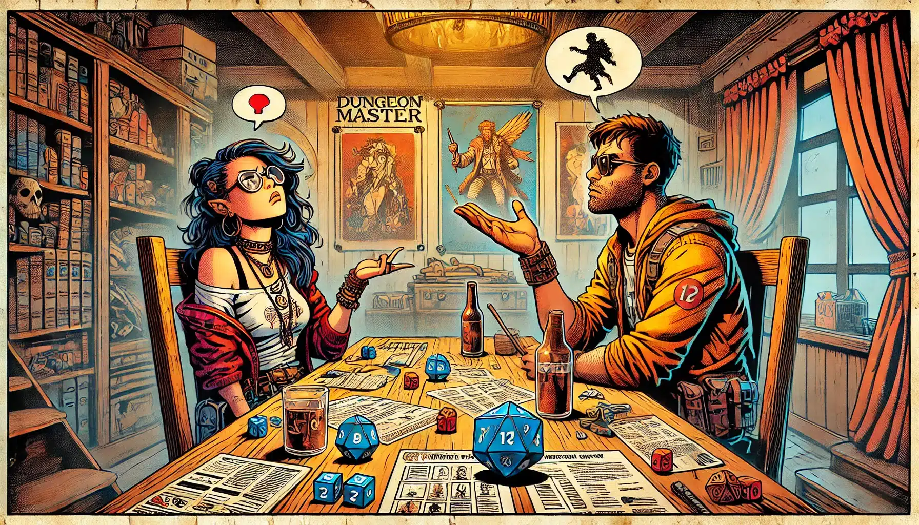 A man and woman sit at a table with DND materials. The woman gestures with a speech bubble showing a heart, while the man replies with a warrior silhouette. Various dice and papers are scattered on the table. Shelves and game art are in the background, capturing the essence of tabletop RPG magic.