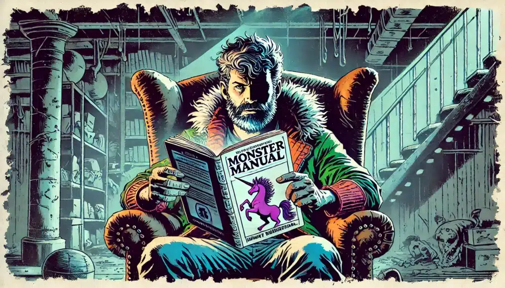 A bearded man sits in an armchair in a dimly lit, cluttered room, engrossed in the Monster Manual from Dungeons & Dragons. Clad in a fur-collared coat, hes surrounded by bookshelves and an eerie atmosphere, embodying the essence of ttrpg storytelling.
